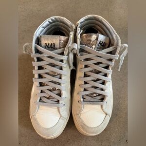 P448 White Leather High-Top Sneakers with Metallic Silver Tongue